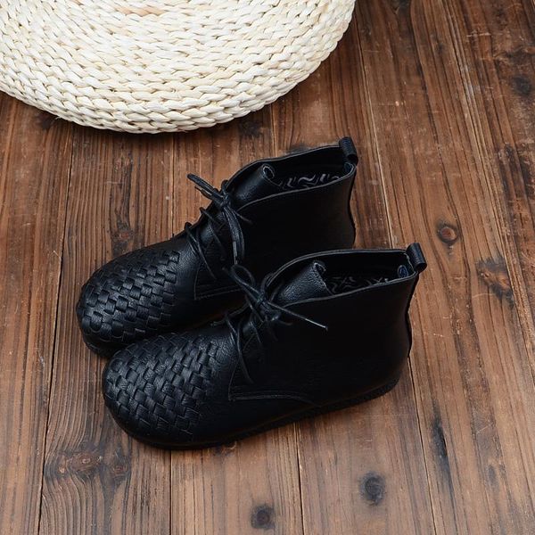 

boots short lace-up hand-knitted literary casual flat women's retro mori girl soft bottom comfort ankle, Black