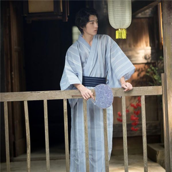 

ethnic clothing fashion harajuku men japanese girdle kimono robe obi belt yukata long sleeved cardigan light blue striped print, Red