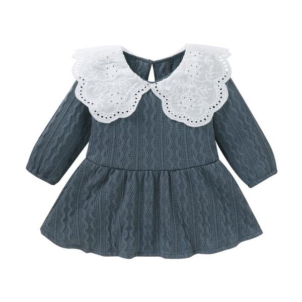

clothing sets little girl’s casual long sleeve dress fashion solid color doll collar knitted a-line, White