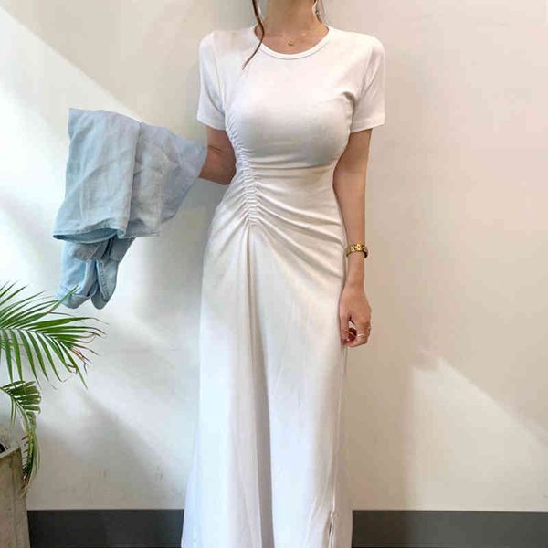 

gaganight women knit bodycon slim maxi dress short sleeves chic korean solid bottom dresses fashion drawstring white vestidos 210519, Black;gray