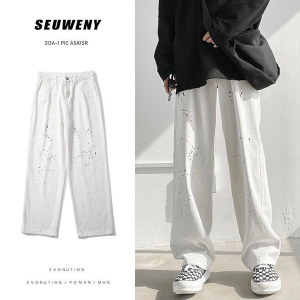 

korean wide-leg jeans men's fashion retro splash inkt streetwear losse hip-hop straight-leg denim broek heren s-2xl, Blue