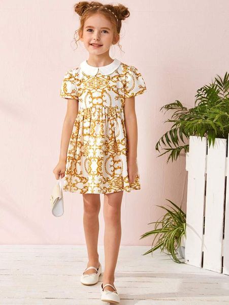 

toddler girls baroque print smock dress she, Red;yellow