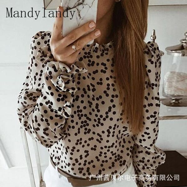 

women's blouses & shirts mandylandy shirt summer fashion long sleeve o-neck pullover casual dotted prints loose, White
