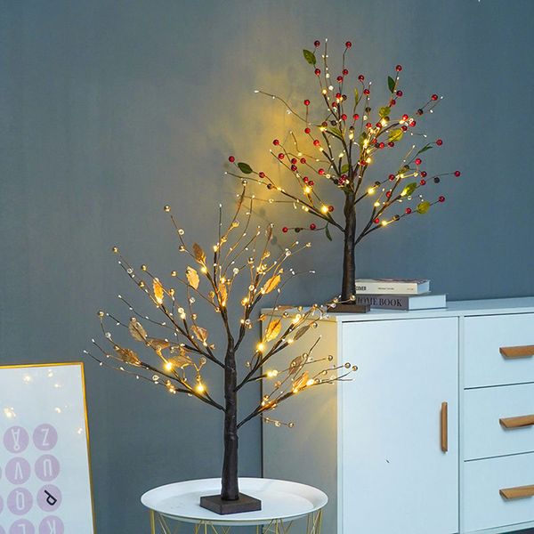 24 LED Rosso/Glod Lampada da tavolo con frutta a batteria Filo di rame Ramo di un albero Luci notturne bianche calde per la decorazione dell'interno della camera da letto dei bambini