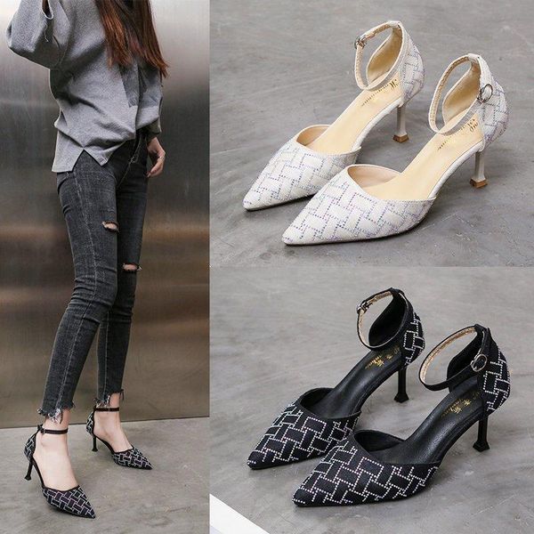 

spring baotou sandals female pointed toe stiletto women's shoes high-heeled rhinestone buckle fashion womens dress, Black