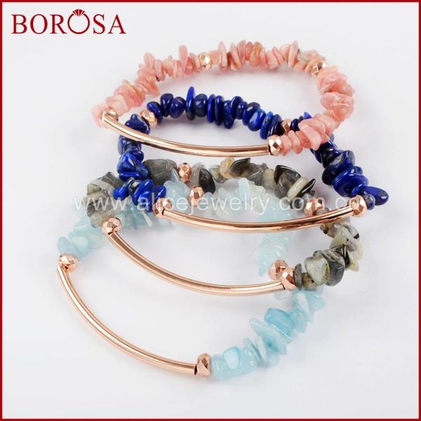 

beaded, strands borosa 10pcs rose gold color tube bar with natural multi-kind stone chips bracelets gems jewelry bangle for women g1578, Black