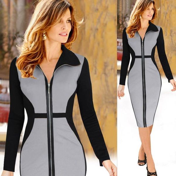 

casual dresses businesscasual party pencil dres women autumn winter fashion long sleeve lapel zipper wear to work business office sheath dre, Black;gray