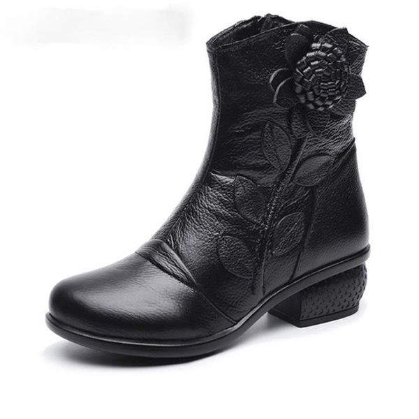 

boots autumn winter retro handmade ankle real genuine leather shoes botines mujer women ladies, Black