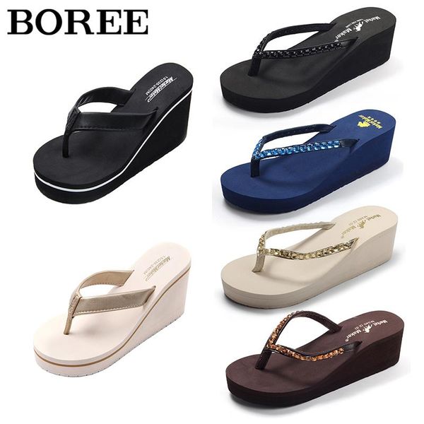 

slippers summer women's flip flops fashion rhinestone beach platform women high heels outdoor non-slip wedge sandals flat shoes, Black