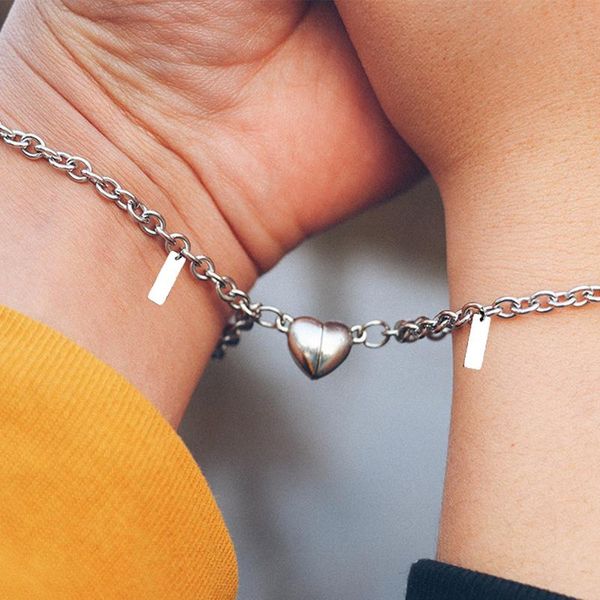 

charm bracelets 1 pair custom name couples bracelet the pledge of eternal love magnet attracts each other stainless steel men and women, Golden;silver