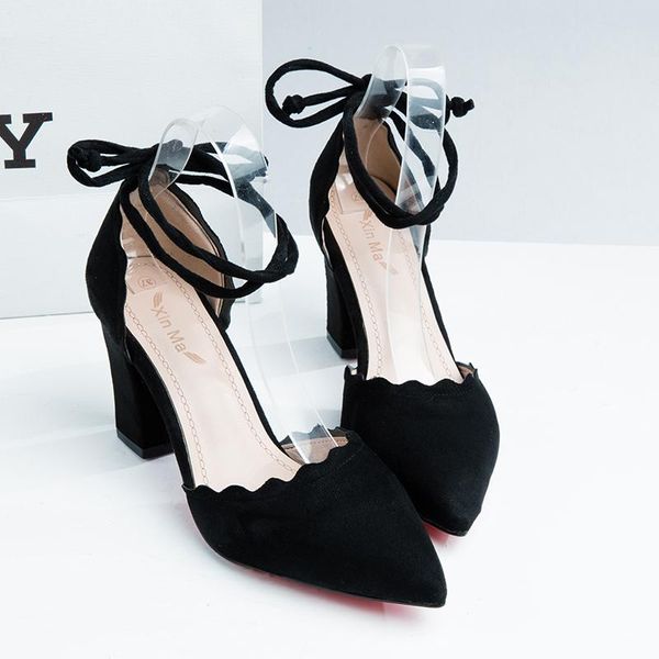 

dress shoes 2021 sweet high heels flock pointed female elegant retro lace-up tie bowknot mujer plus u22-13, Black