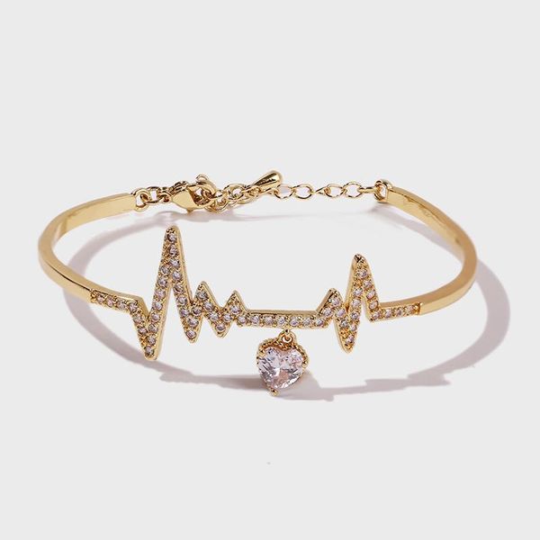 

bangle creative design fashion electrocardiogram heart bangles for women gold color copper metal cubic zirconia bracelets, Black