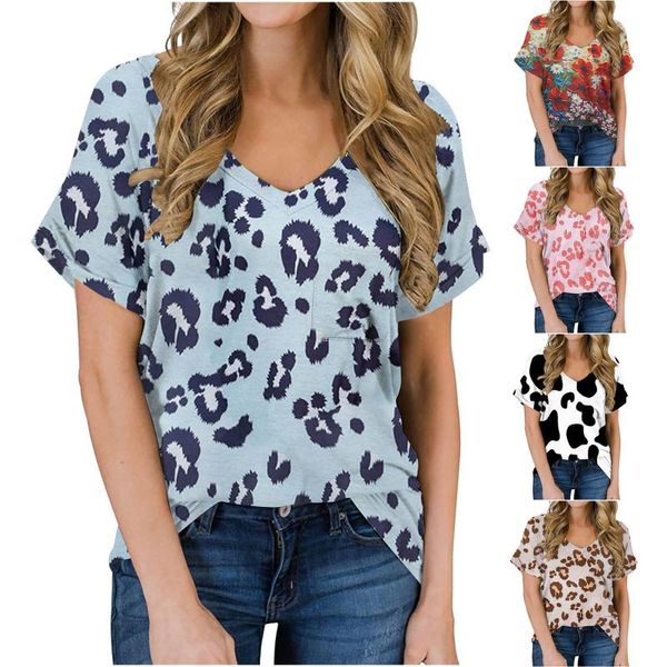

fashion plus size women 2021 summer casual v-neck pocket loose printing t-shirts short sleeve blouses camisa women's t-shirt, White