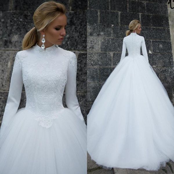 

other wedding dresses muslim dress long sleeve gown high neck zipper back ball luxury lace princess vestido de noiva, White