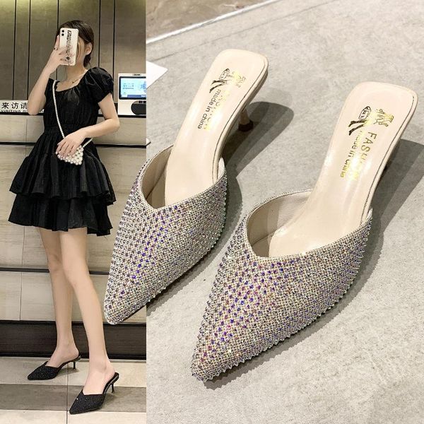 

slippers women summer shoes glitter slides pointed toe heeled mules pantofle fashion low jelly high cover 2021 thin luxury fabri, Black