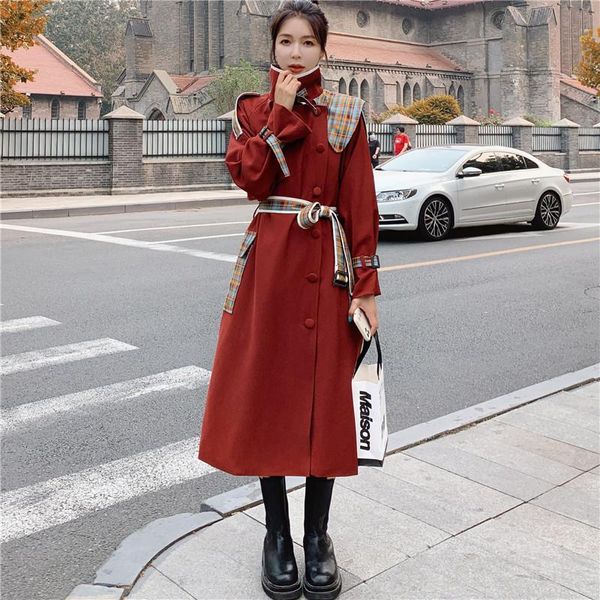 

women's trench coats women fashion splice plaid single breasted belt long coat spring autumn female elegant chic korean windbreaker clo, Tan;black