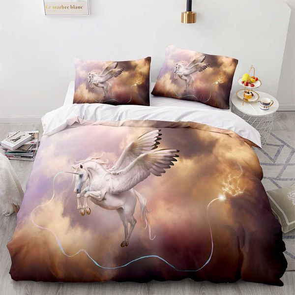 Установите постельные принадлежности Unicorn Onio Dwin Full Queen King Size One-Horned Horse Body Aldult Kead Bedroom Doutcover S 3D Print 035