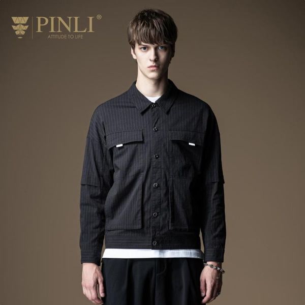 

men's jackets pinli 2021 autumn slim nylon turn-down collar striped pockets solid fashion casual men jacket coat b201104062, Black;brown
