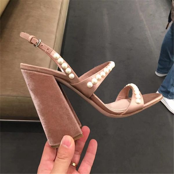 

pearl sandals women summer zapatillas mujer chunky heel open toe ladies shoes tide wedding chaussures femme luxury party, Black