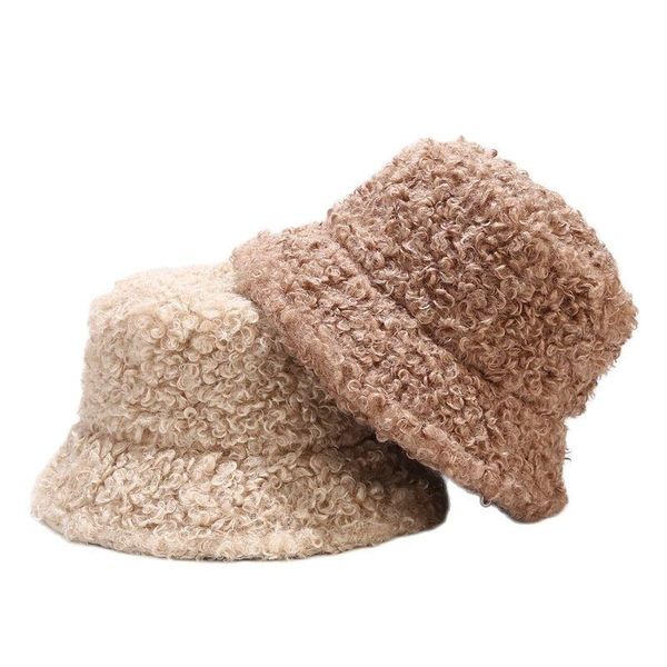 

wide brim hats myalice solid color lamb fleece bucket hat women autumn and winter outdoor warmth plush faux teddy fur panama fisherman, Blue;gray