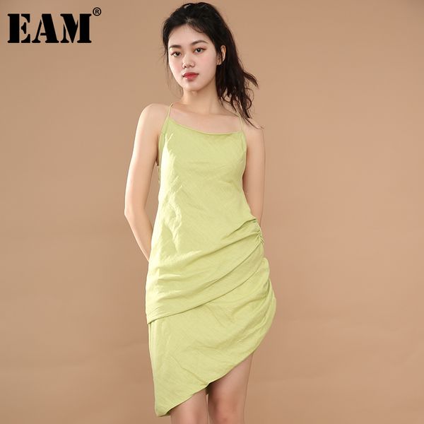 

[eam] women green irregular drawstring spaghetti strap dress sleeveless loose fit fashion spring summer wl942 21512, Black;gray