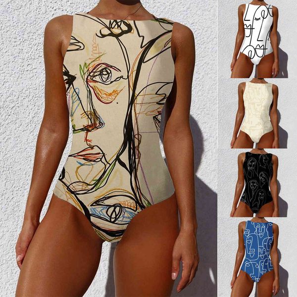 S-L Benzersiz El-Boyalı Mayo Mayo De Bain Femme Kadınlar Grafiti Soyut Baskı Geniş Sapanlar Yüksek Boyun Backlswimwear F4 X0522