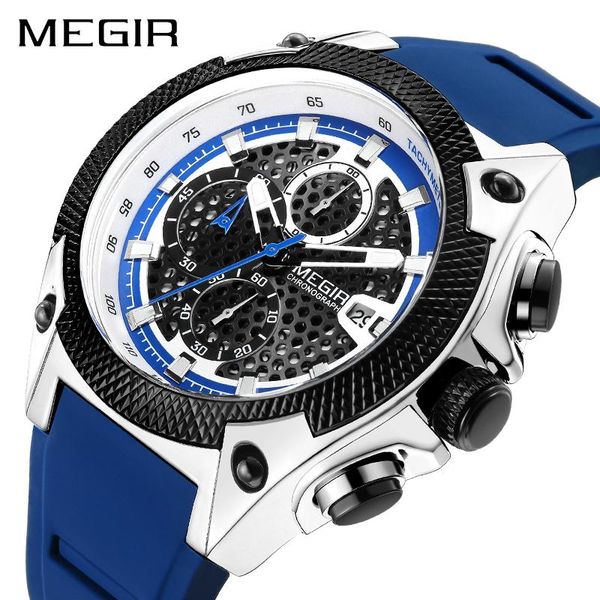 

wristwatches megir men sport watch relogio masculino blue silicone strap mens watches luminous waterproof quartz man, Slivery;brown