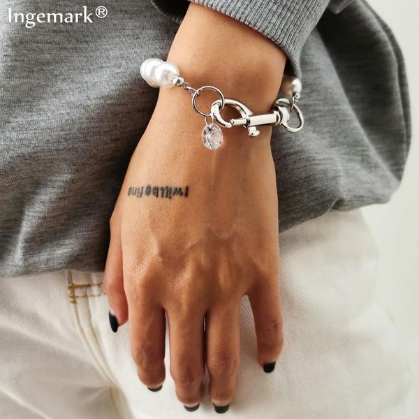 

link, chain hip hop stainless steel bracelet bangle women men boho pearl big beaded bracelets friend couple charm jewelry, Black