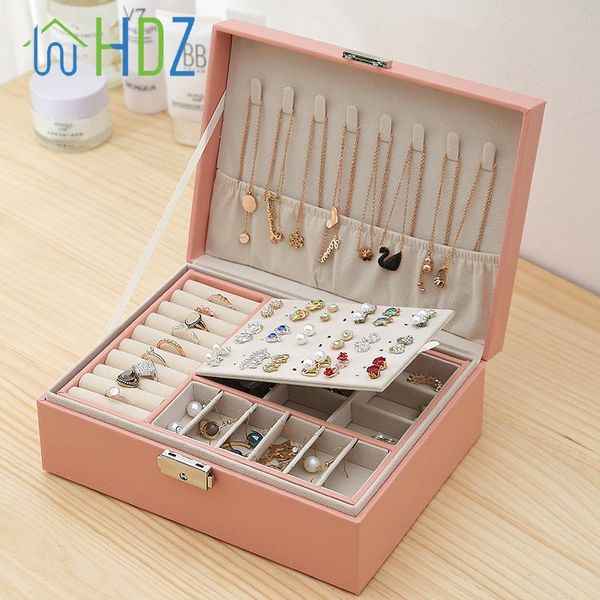 

jewelry pouches, bags 2-layer leather box, cosmetics storage earrings, bracelet, necklace, ring display stand box, Pink;blue