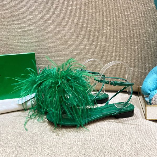 

women's flat sandals luxury designer fashion feather roman flip flops with box, Black