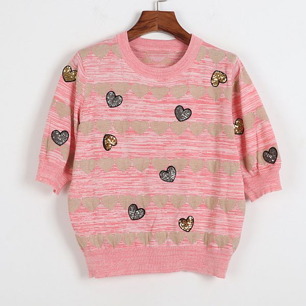 

325 2021 spring summer brand same style sweaters crew neck short sleeve pullover sequins pink sweater women clothes dl, White;black