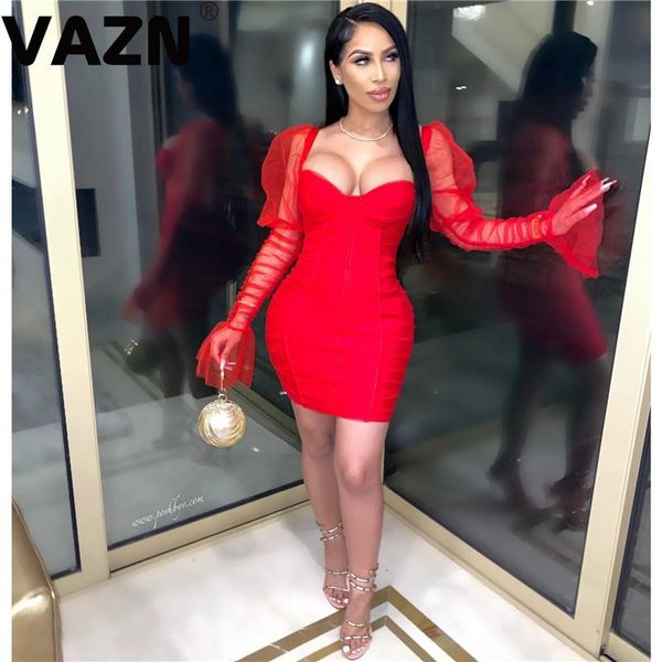 

casual dresses vazn 2021 spring brand women solid skinny mini dress lady v-neck long sleeve high street bodycon, Black;gray