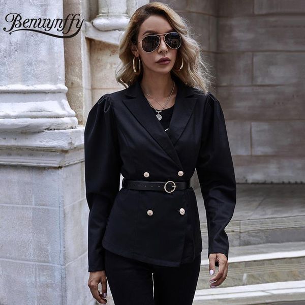 

benuynffy black elegant double breasted suit coat notched long sleeve blazer women autumn office lady slim 2021 women's suits & blazer, White;black