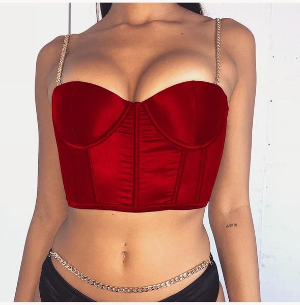 

women's t-shirt summer crop women bustier blackless chain strap padded cropped satin black white pink wine red gold 2021