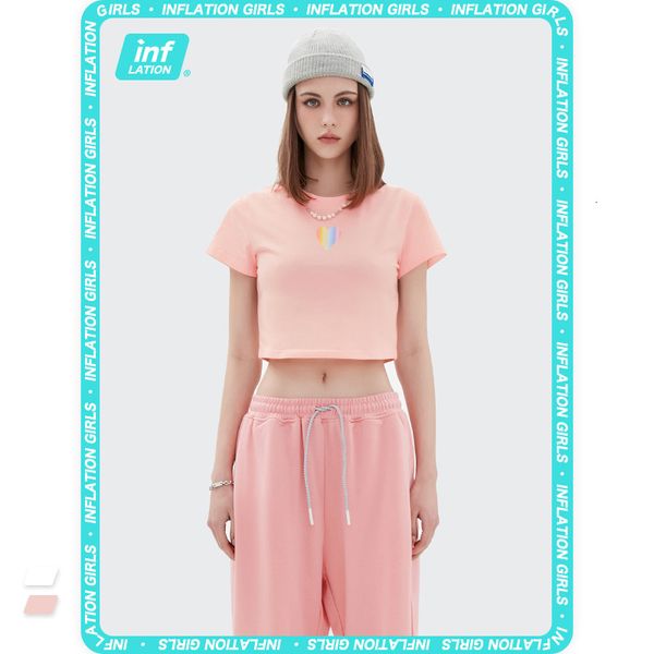 

t shirt inf women's clothing - 2021 summer rainbow love print open navel short sleeve blouse, White