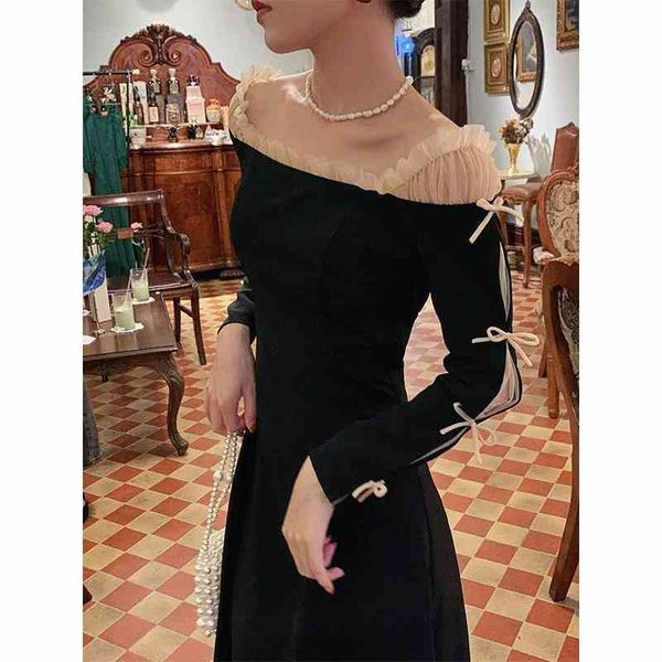 

casual dresses korean fahsion evening party women off shoulder bow vintage midi lady elegant long sleeve black winter e4wz, Black;gray