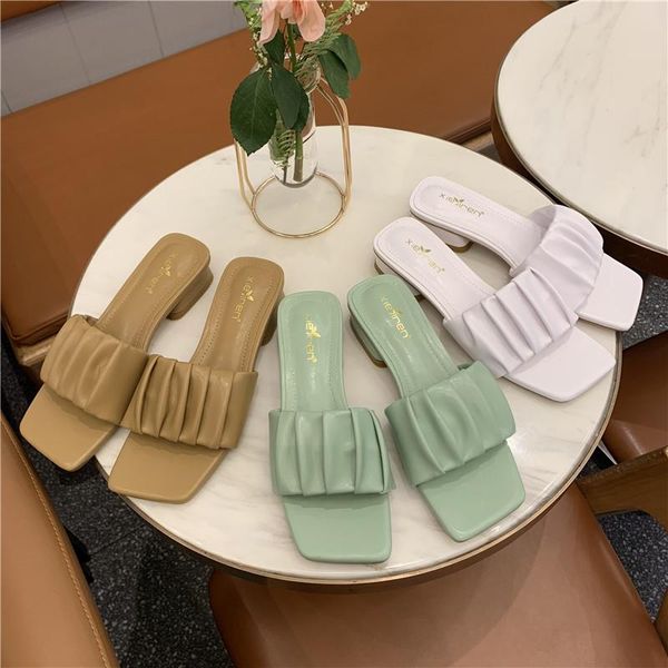 

slippers women summer shallow square toe luxury slides block heel shoes pantofle med designer 2021 rubber basic synthetic pu, Black