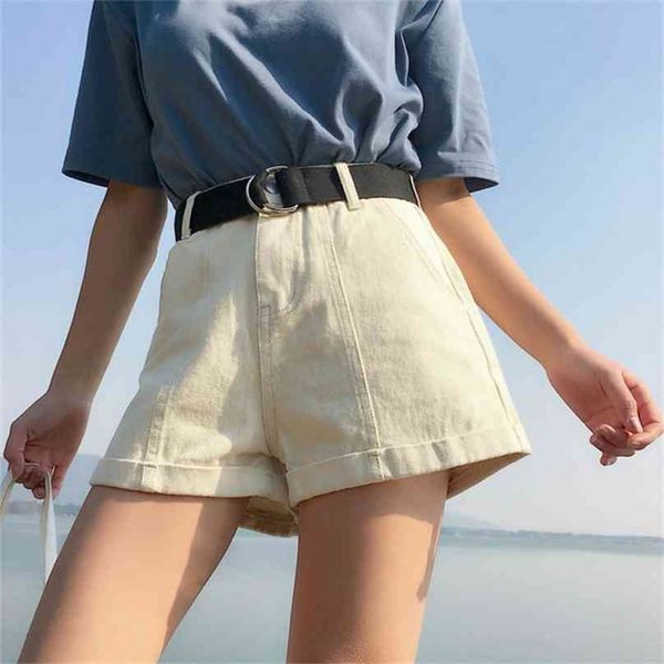 

women high waist denim shorts jeans woman with belt loose casual summer body khaki mujer 210525, White;black