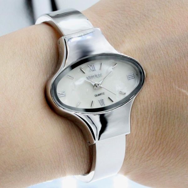 

wristwatches slim ladies bangle watch elliptic silver women white dial 2035 movement fw573, Slivery;brown