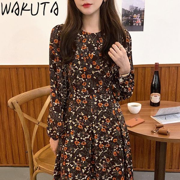 

casual dresses wakuta vintage floral dress chic women long sleeve o neck fall chiffon korean fashion ladies all match clothing, Black;gray