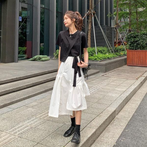 

skirts fashion women irregular slit mid-length high-waisted korean harajuku and chic solid color female clothing, Black