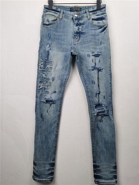 Jeans da uomo Designer Blue Holes Patchwork Casual Motociclista Elasticità Pantaloni Design Ultimo cotone Moda Slim-leg rock revival Pantaloni in denim Taglia W28-W38