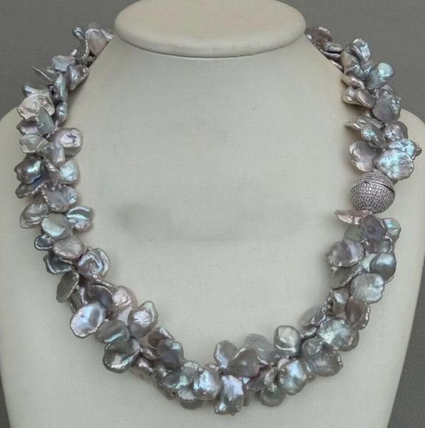 

chokers habitoo pretty 3 strand natural 12mm grey coin petal keshi freshwater cultured pearl necklace choker party wedding jewelry gift, Golden;silver