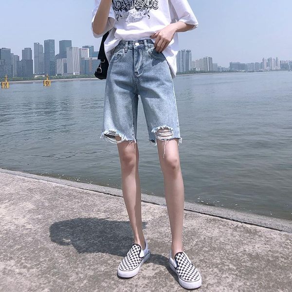 

women's shorts 2021 summer women denim fashion ripped hole high waist jeans female straight capris short pants ladies, White;black