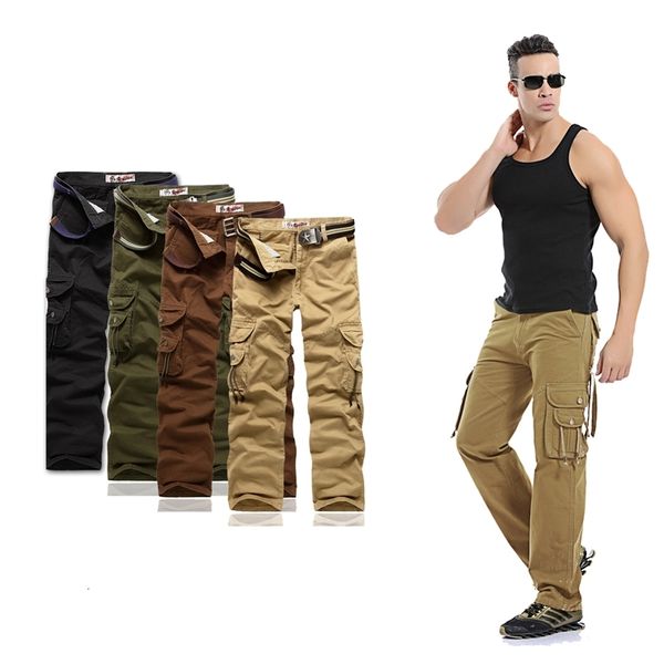 

men's pants spring camouflage mens cargo multi-pocket military tactical leisure cotton straight full length male 90ee, Black