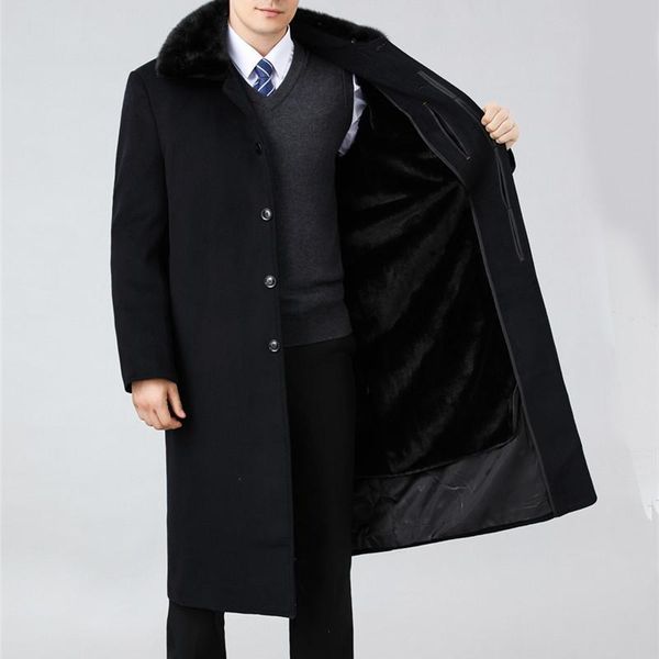 

men's wool & blends winter thick real collar middle-aged and elderly cashmere woolen coat extended removable liner knee, Black