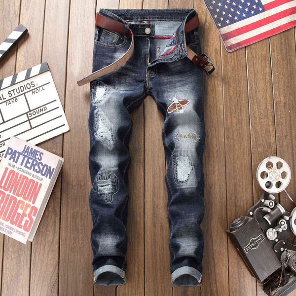 

men's jeans brand ny men frayed straight distressed ripped black fashion slim fit biker trousers 30og 2hyx, Blue