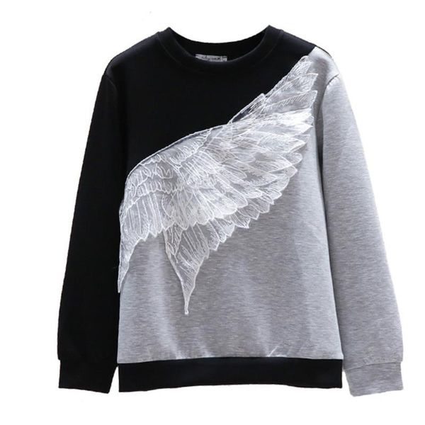 

women's hoodies & sweatshirts [ewq] 2021 autumn embroidered feather color matching long sleeve casual sports loose sweet pullover sweat, Black