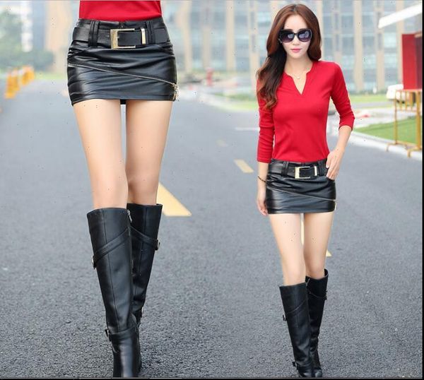 

basic pu leather brief pockets women skirt back zipper faldas european spliced fashion streetwear mini, Black