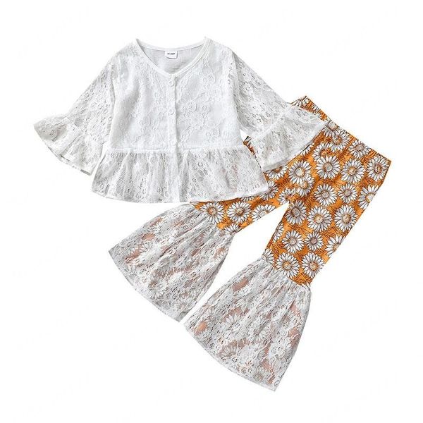 

kids clothing sets girls outfits children flare sleeve lace cardigan +daisy flared pants 2pcs/set spring autumn fashion boutique baby clothe, White